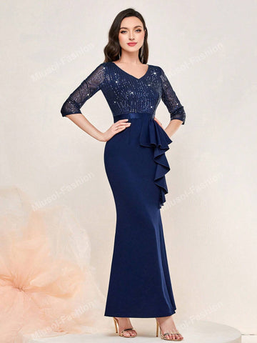 Sequin V Neck Ruffle Trim Split Thigh Mermaid Hem Formal Party Maxi Dress