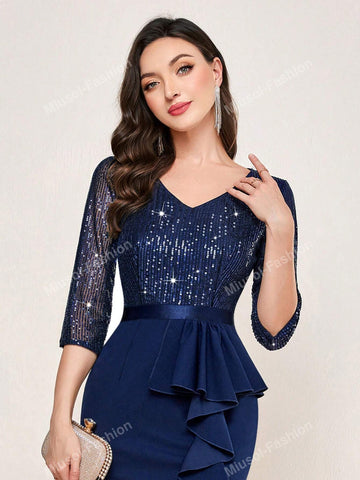 Sequin V Neck Ruffle Trim Split Thigh Mermaid Hem Formal Party Maxi Dress