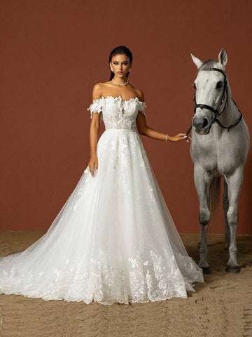 Sequined Floral Embroidered Off Shoulder Extra Long Wedding Dress With Train