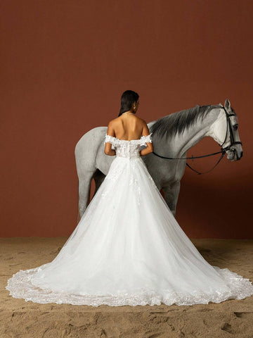 Sequined Floral Embroidered Off Shoulder Extra Long Wedding Dress With Train