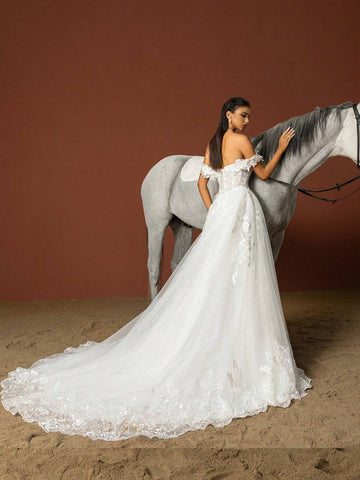 Sequined Floral Embroidered Off Shoulder Extra Long Wedding Dress With Train