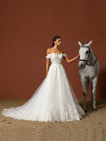 Sequined Floral Embroidered Off Shoulder Extra Long Wedding Dress With Train