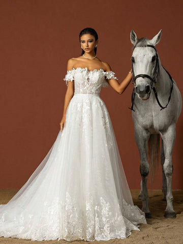 Sequined Floral Embroidered Off Shoulder Extra Long Wedding Dress With Train