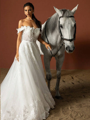 Sequined Floral Embroidered Off Shoulder Extra Long Wedding Dress With Train