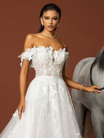 Sequined Floral Embroidered Off Shoulder Extra Long Wedding Dress With Train