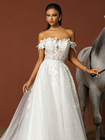 Sequined Floral Embroidered Off Shoulder Extra Long Wedding Dress With Train
