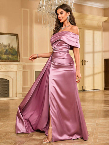 Sequined Satin Floor-Length Evening Gown