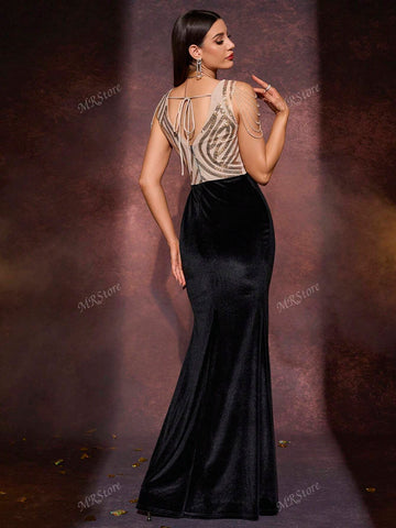 Sequined Slim-Fit Splice Elegant Sexy V-Neck Evening Party Gown