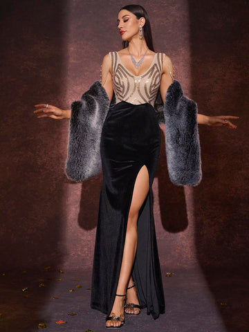 Sequined Slim-Fit Splice Elegant Sexy V-Neck Evening Party Gown