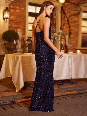 Sequined Spliced Mesh High Slit Floor Length Sleeveless Dress Gown