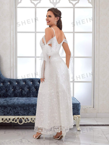Sequins Mesh Knot Side Cold Shoulder Lace Wedding Dress