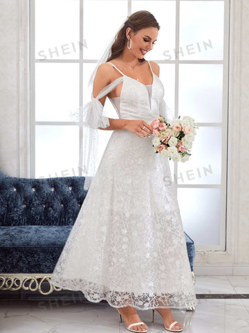 Sequins Mesh Knot Side Cold Shoulder Lace Wedding Dress
