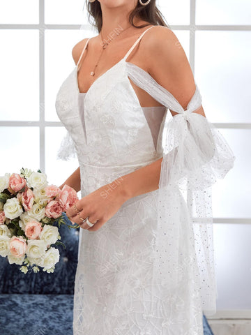 Sequins Mesh Knot Side Cold Shoulder Lace Wedding Dress