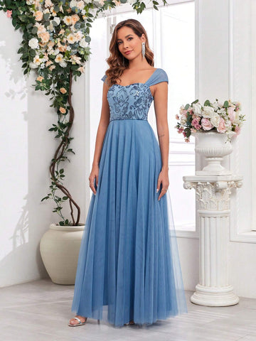 Sequins & Gauze Panel Sleeveless Maxi A-Line Dress Women Bridesmaid Dress