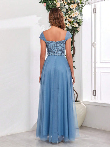 Sequins & Gauze Panel Sleeveless Maxi A-Line Dress Women Bridesmaid Dress