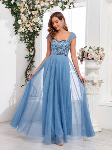 Sequins & Gauze Panel Sleeveless Maxi A-Line Dress Women Bridesmaid Dress