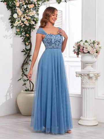 Sequins & Gauze Panel Sleeveless Maxi A-Line Dress Women Bridesmaid Dress