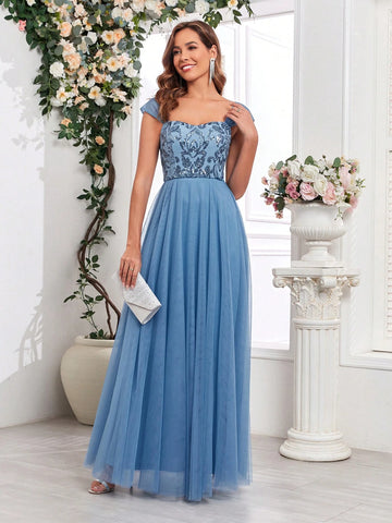 Sequins & Gauze Panel Sleeveless Maxi A-Line Dress Women Bridesmaid Dress