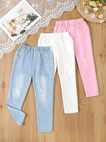Set Of 3 Basic And Versatile Casual Ripped Skinny Jeans With Elastic Waistband For Young Girls