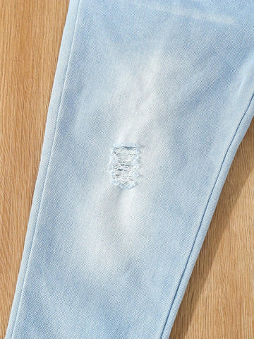 Set Of 3 Basic And Versatile Casual Ripped Skinny Jeans With Elastic Waistband For Young Girls