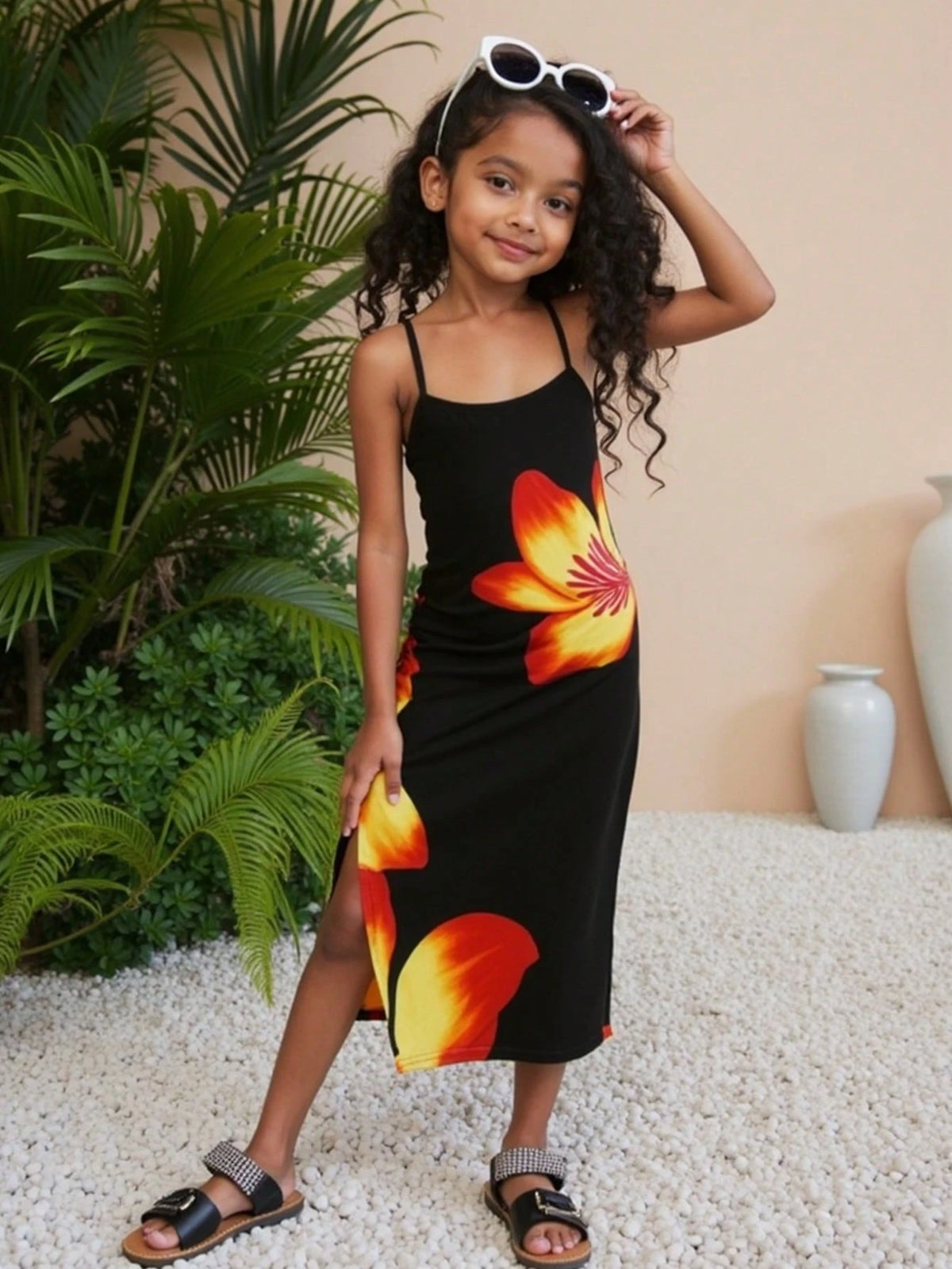 Seven Princess Young Girl Floral Print Slit Strap Casual Dress, Suitable For Summer
