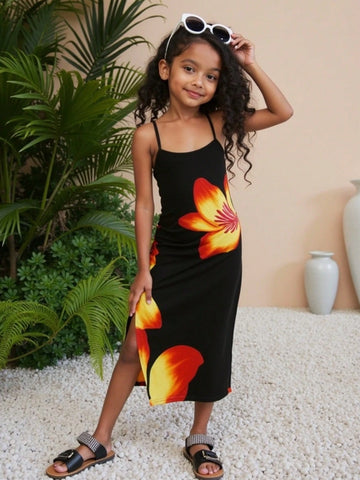 Seven Princess Young Girl Floral Print Slit Strap Casual Dress, Suitable For Summer