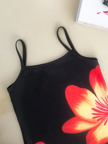 Seven Princess Young Girl Floral Print Slit Strap Casual Dress, Suitable For Summer