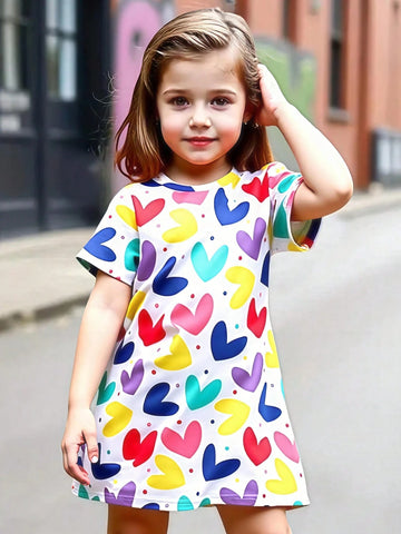 Seven Princess Young Girls Colorful Heart Print Casual Vacation Style Princess Dress, Summer New Arrival