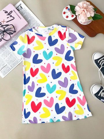 Seven Princess Young Girls Colorful Heart Print Casual Vacation Style Princess Dress, Summer New Arrival