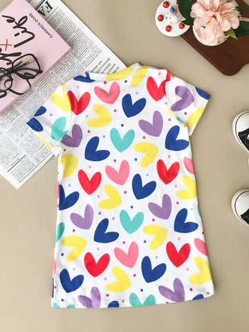 Seven Princess Young Girls Colorful Heart Print Casual Vacation Style Princess Dress, Summer New Arrival