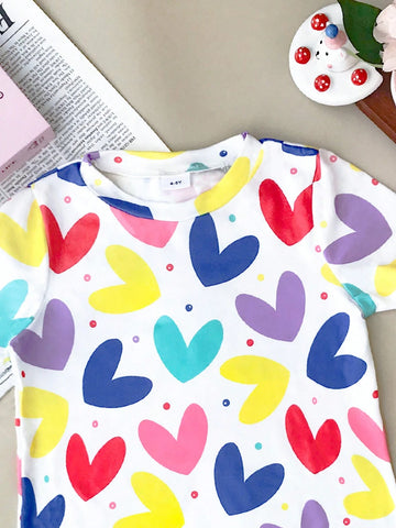 Seven Princess Young Girls Colorful Heart Print Casual Vacation Style Princess Dress, Summer New Arrival