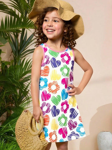 Seven Princess Young Girls Easter Colorful Heart & Floral Printed Sleeveless Casual Dress