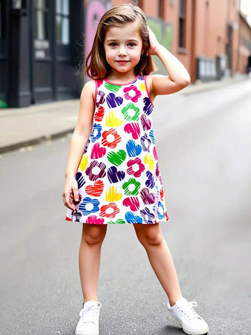Seven Princess Young Girls Easter Colorful Heart & Floral Printed Sleeveless Casual Dress