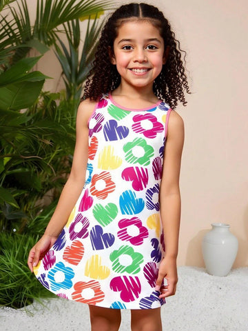 Seven Princess Young Girls Easter Colorful Heart & Floral Printed Sleeveless Casual Dress