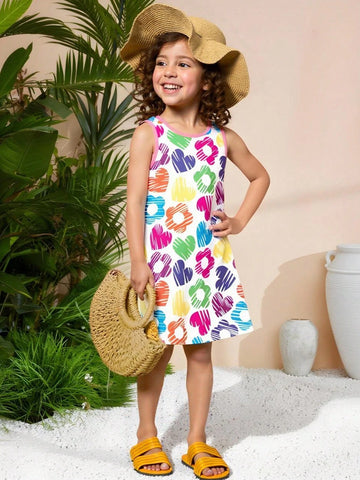 Seven Princess Young Girls Easter Colorful Heart & Floral Printed Sleeveless Casual Dress