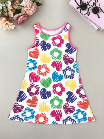 Seven Princess Young Girls Easter Colorful Heart & Floral Printed Sleeveless Casual Dress