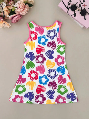 Seven Princess Young Girls Easter Colorful Heart & Floral Printed Sleeveless Casual Dress