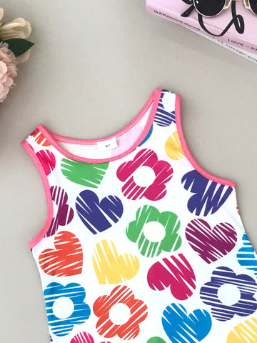 Seven Princess Young Girls Easter Colorful Heart & Floral Printed Sleeveless Casual Dress