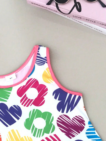 Seven Princess Young Girls Easter Colorful Heart & Floral Printed Sleeveless Casual Dress