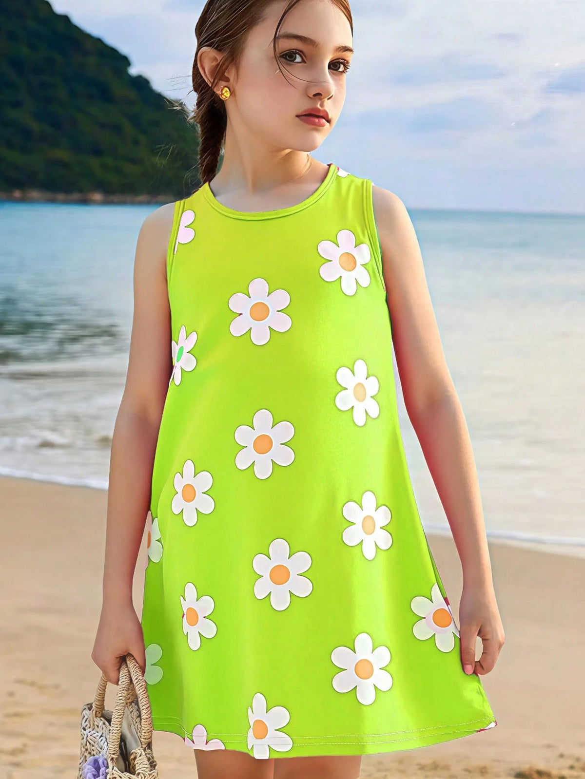 Seven Princess Young Girls Summer New Floral Print Cute Princess Casual Vacation Sleeveless A-Line Dress