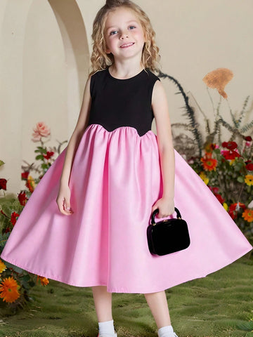Seven Princess Young Girls Summer New Patchwork Sleeveless Round Neck Simple Casual Dress