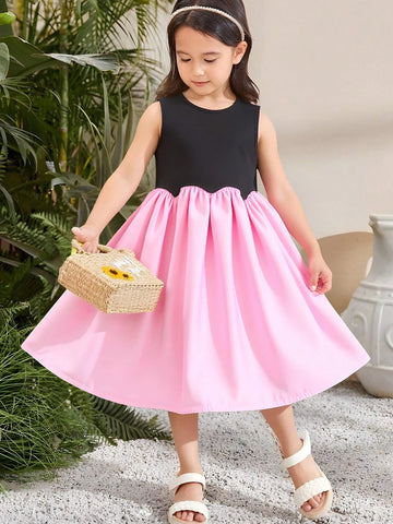 Seven Princess Young Girls Summer New Patchwork Sleeveless Round Neck Simple Casual Dress