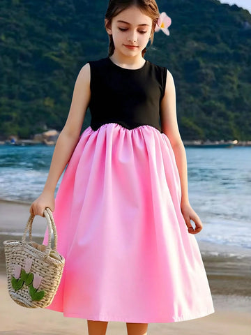 Seven Princess Young Girls Summer New Patchwork Sleeveless Round Neck Simple Casual Dress