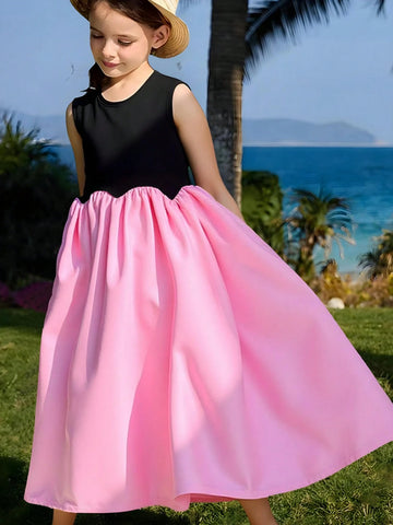 Seven Princess Young Girls Summer New Patchwork Sleeveless Round Neck Simple Casual Dress