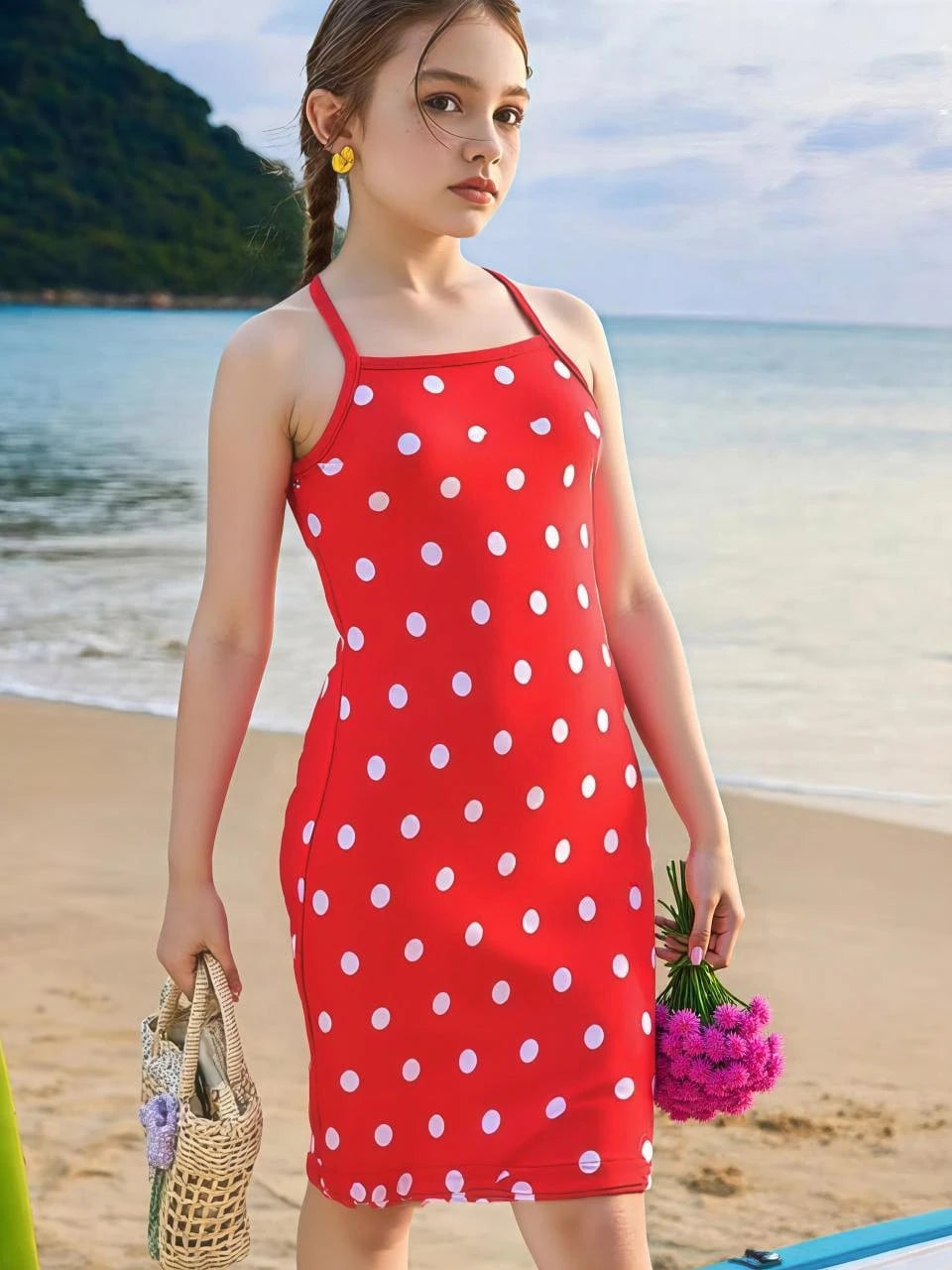 Seven Princess Young Girls' Summer New Vacation Digital Polka Dot Snug Fit Sleeveless Dress
