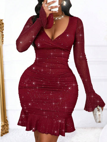 Sexy And Elegant Shimmering Pleated Ruffle V-Neck Dress