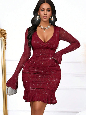 Sexy And Elegant Shimmering Pleated Ruffle V-Neck Dress