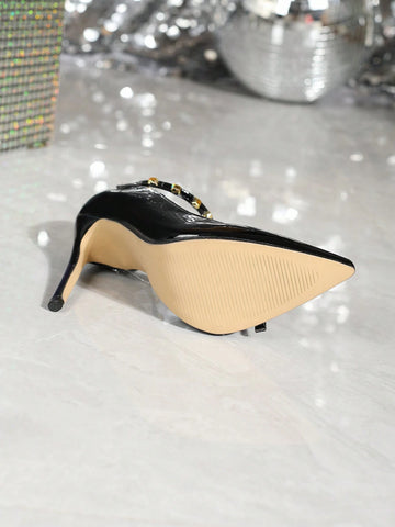 Sexy And Fashionable Black Patent Leather Pointed Toe 12cm Thin High-heeled Belt Strap Rivet Decoration All-matching Fairy Style Women's Spring And Autumn Shoes