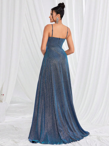 Sexy Blue Starry Sky Ball Gown Dress With Spaghetti Straps And High Split