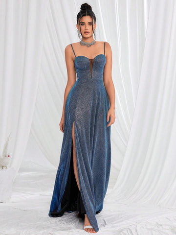 Sexy Blue Starry Sky Ball Gown Dress With Spaghetti Straps And High Split